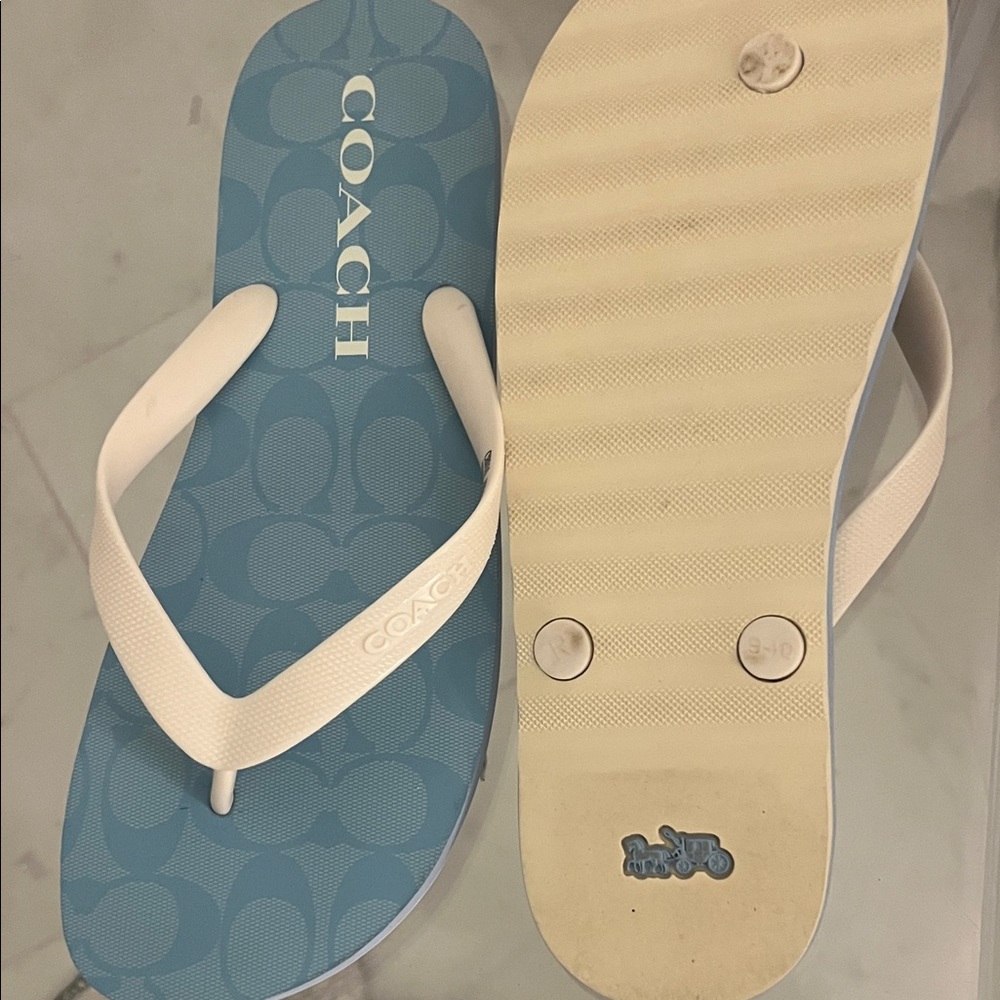 Coach Blue and White Logo Flip Flops